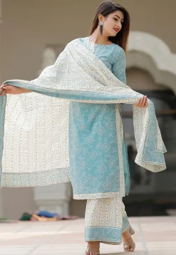 Block Printed Cotton Pakistani Suit in Blue