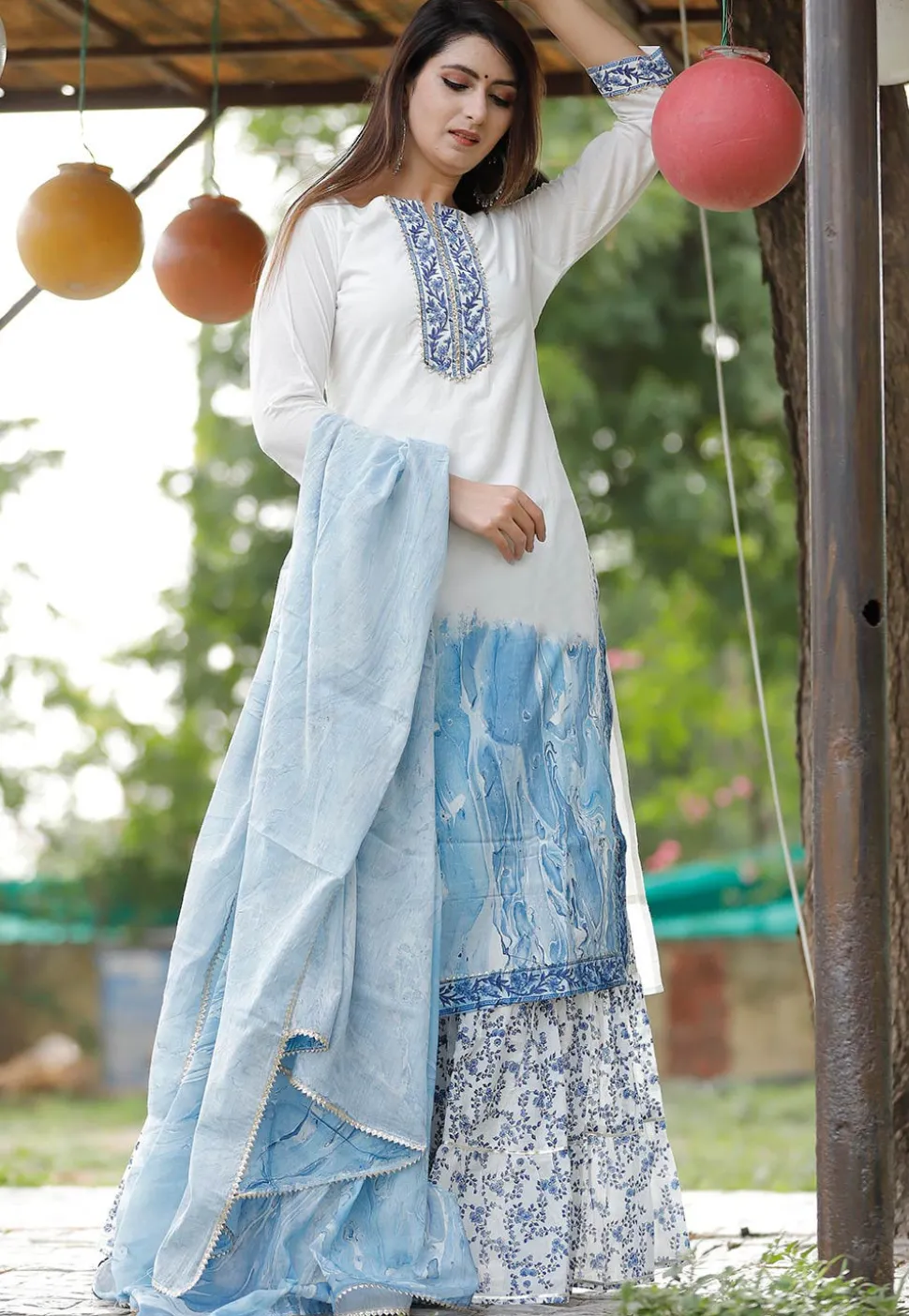 Block Printed Cotton Pakistani Suit in White and Blue