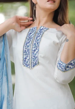 Block Printed Cotton Pakistani Suit in White and Blue