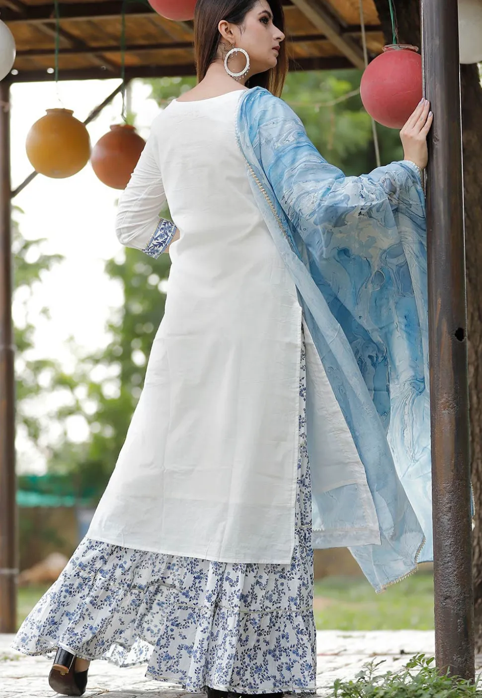 Block Printed Cotton Pakistani Suit in White and Blue