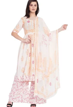 Block Printed Cotton Pakistani Suit in Off White
