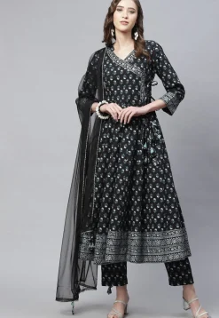Block Printed Cotton Pakistani Suit in Black