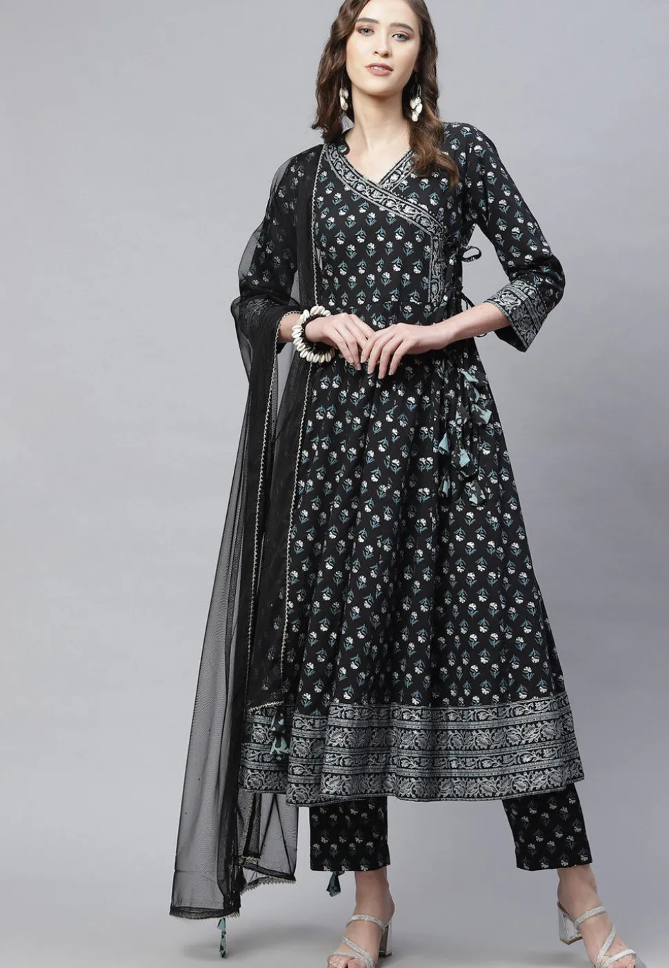 Block Printed Cotton Pakistani Suit in Black