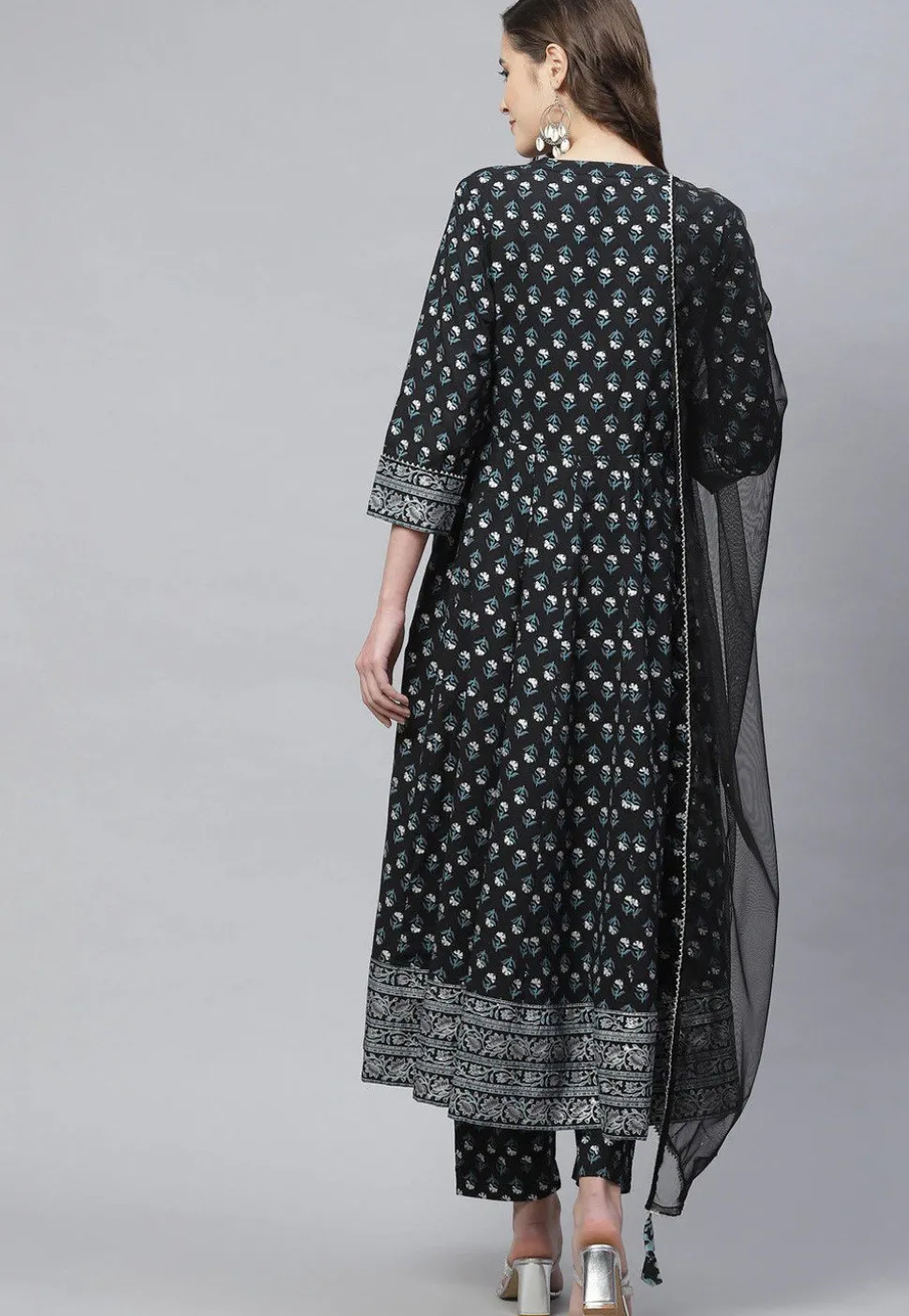 Block Printed Cotton Pakistani Suit in Black