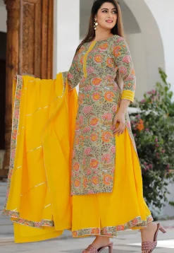 Block Printed Cotton Pakistani Suit in Dusty Green