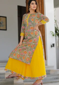 Block Printed Cotton Pakistani Suit in Dusty Green