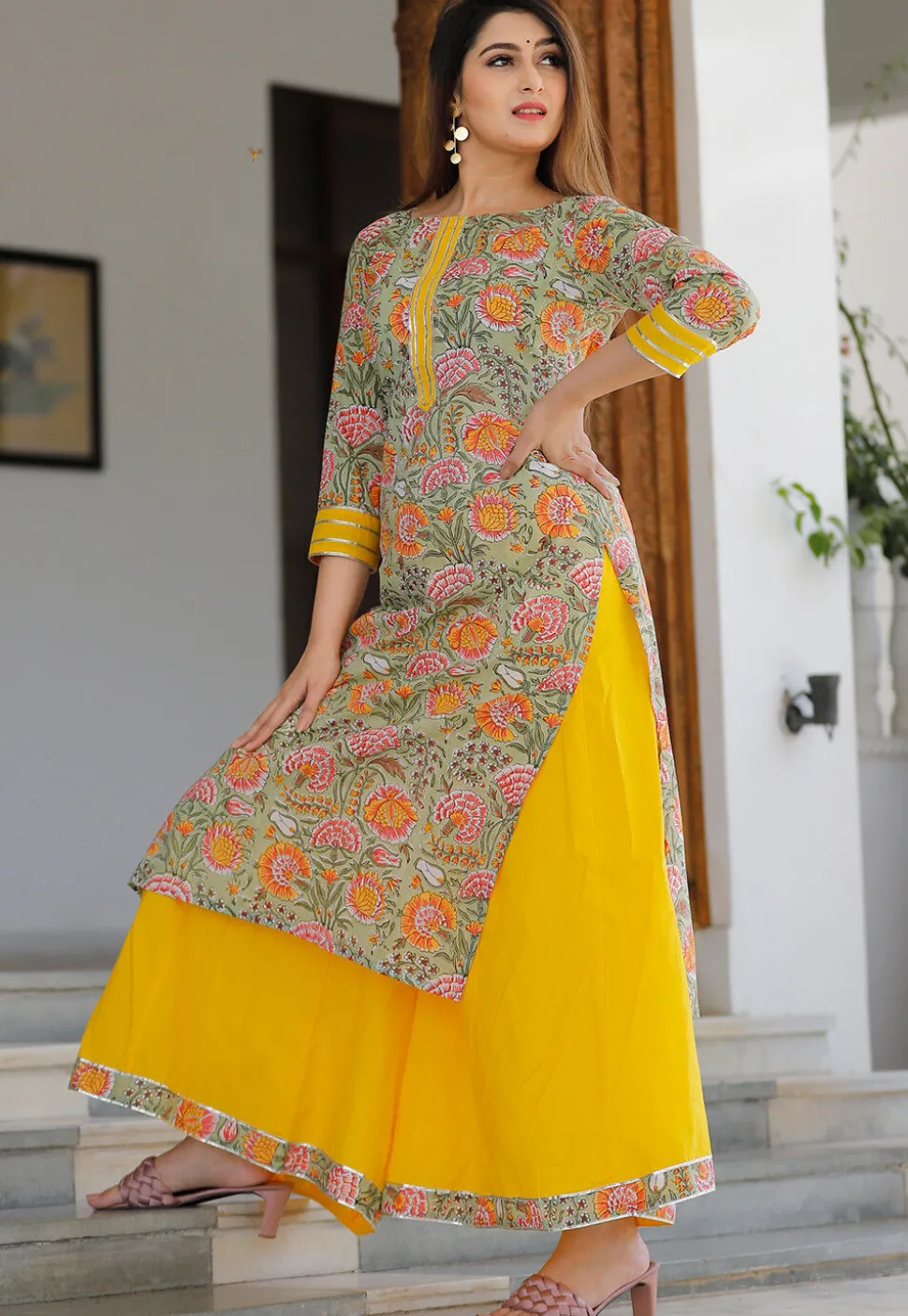 Block Printed Cotton Pakistani Suit in Dusty Green