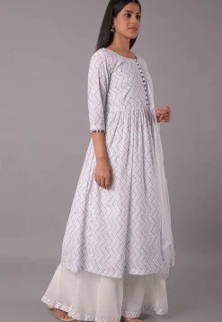 Block Printed Cotton Pakistani Suit in Off White