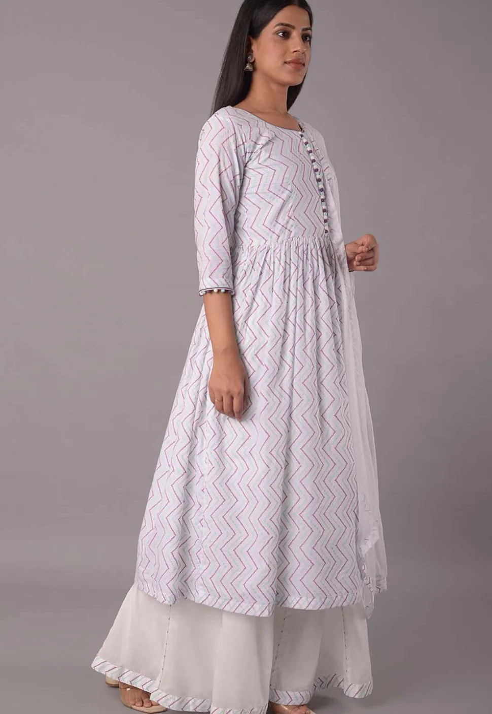Block Printed Cotton Pakistani Suit in Off White