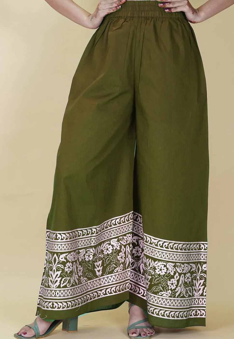 Block Printed Cotton Palazzo in Olive Green