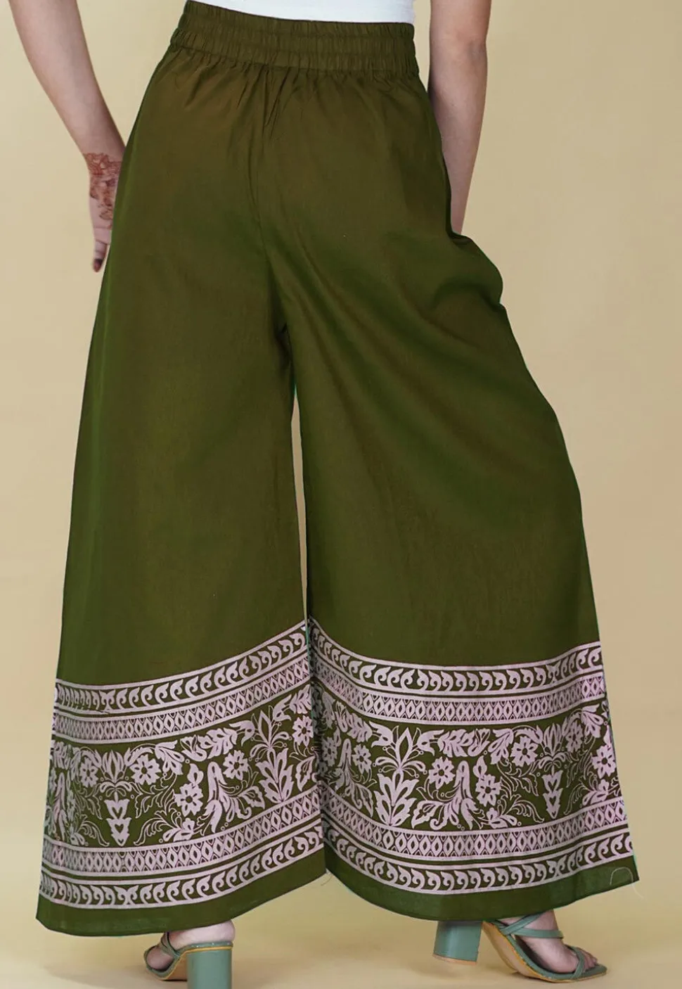 Block Printed Cotton Palazzo in Olive Green