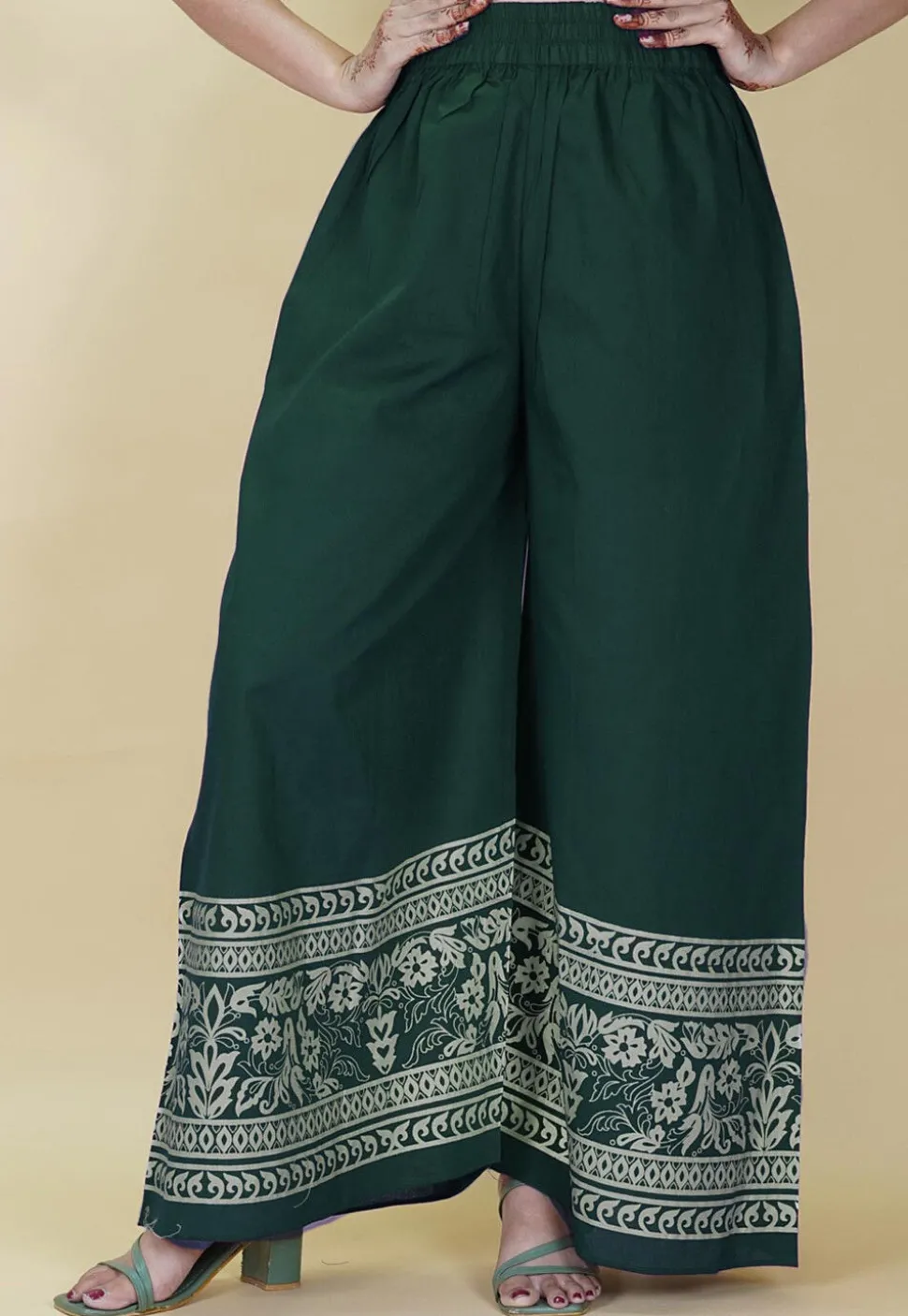 Block Printed Cotton Palazzo in Teal Green