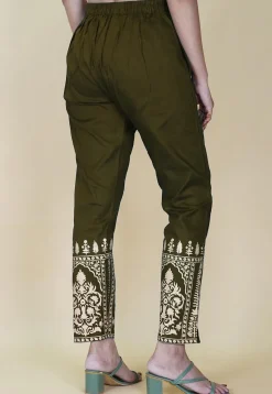 Block Printed Cotton Pant inOlive Green