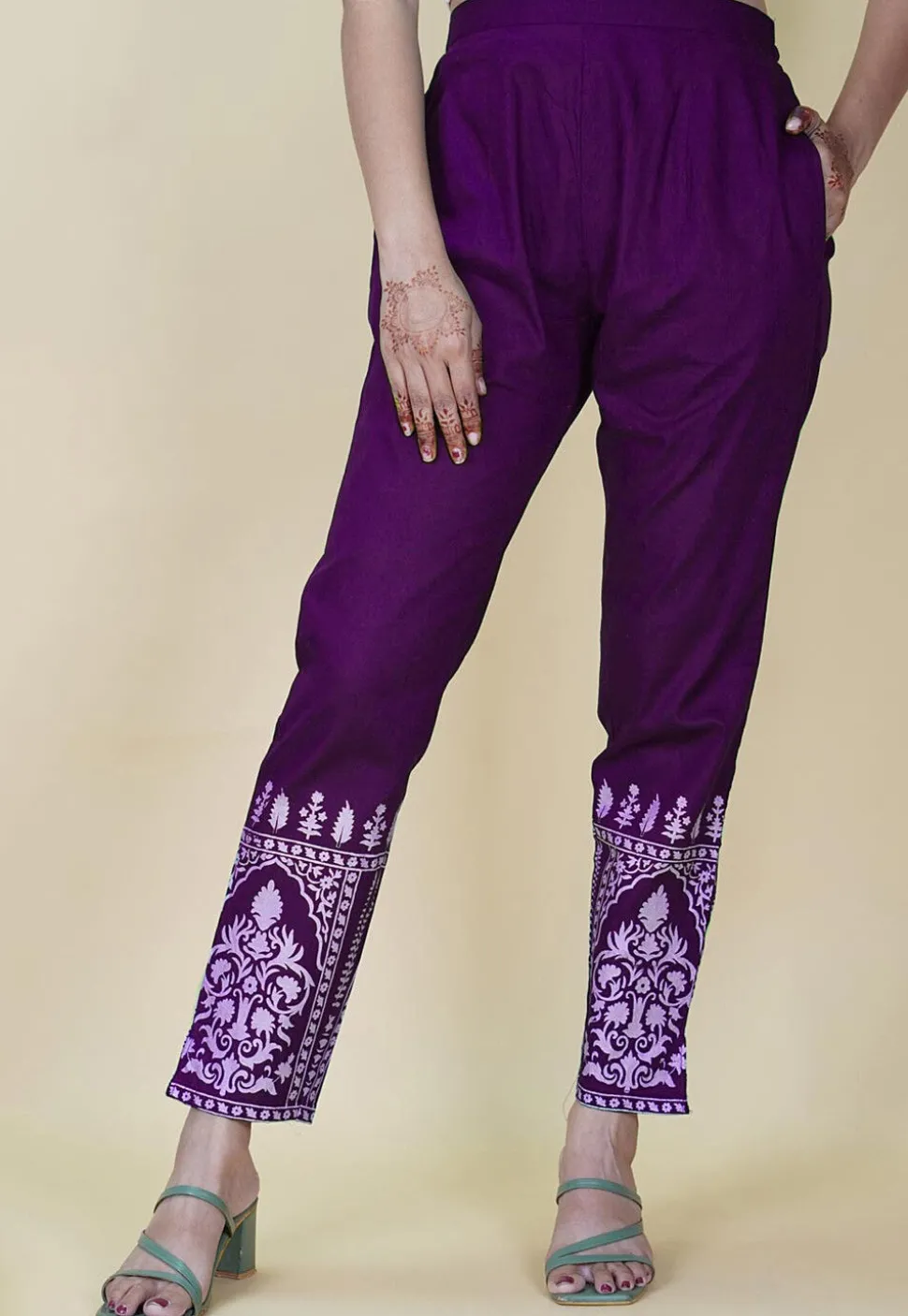 Block Printed Cotton Pant inPurple