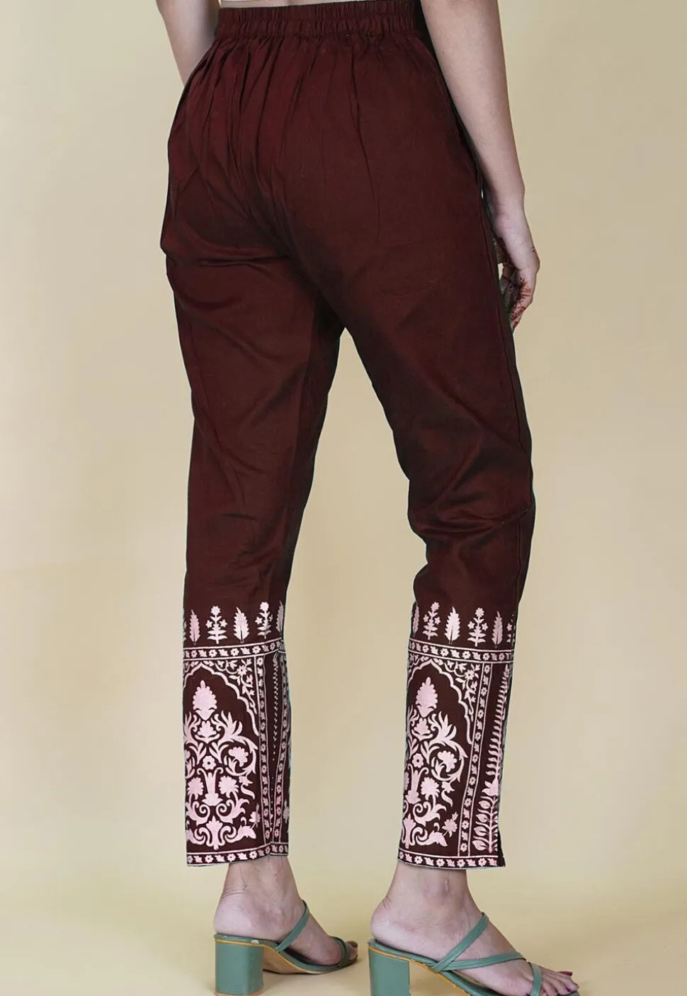 Block Printed Cotton Pant inMaroon