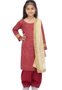 Block Printed Cotton Punjabi Suit in Maroon