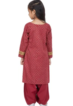 Block Printed Cotton Punjabi Suit in Maroon