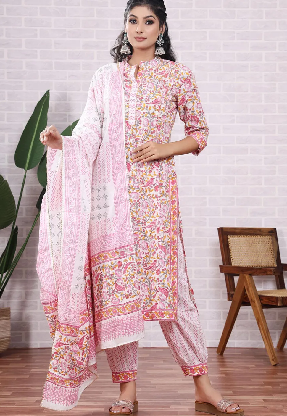 Block Printed Cotton Punjabi Suit in Off White
