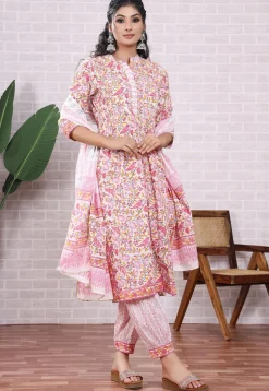 Block Printed Cotton Punjabi Suit in Off White