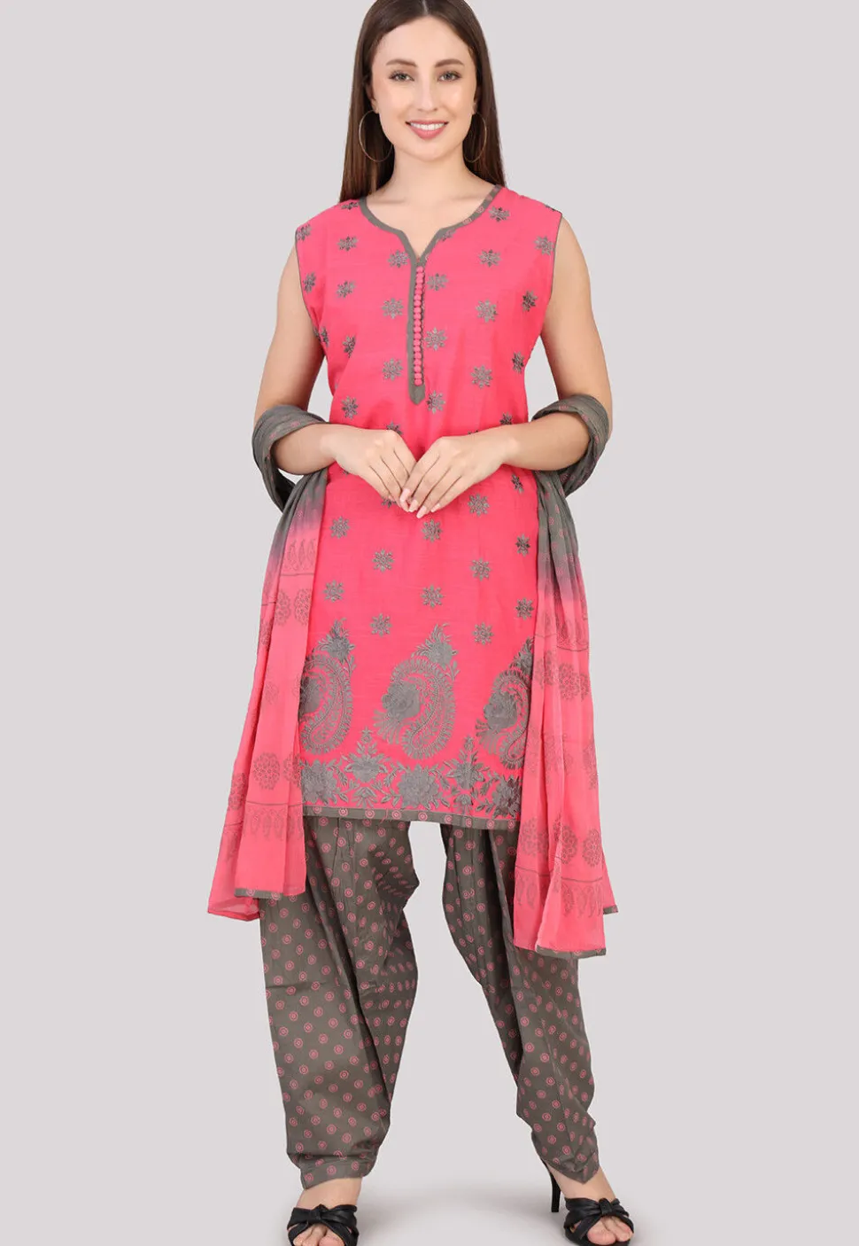 Block Printed Cotton Punjabi Suit in Pink