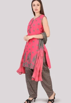 Block Printed Cotton Punjabi Suit in Pink