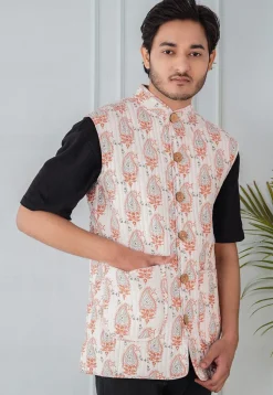 Block Printed Cotton Reversible Warm Jacket in Orange and White