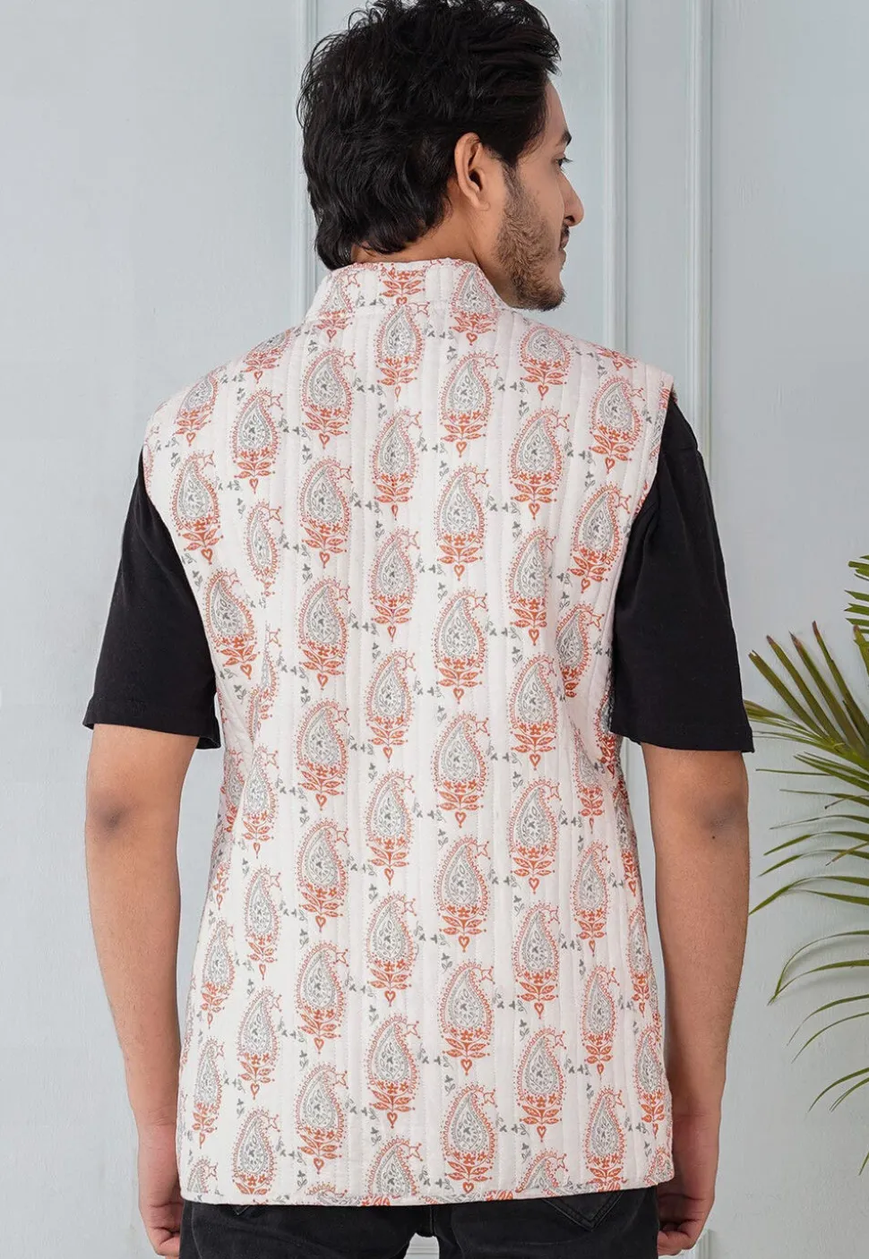 Block Printed Cotton Reversible Warm Jacket in Orange and White
