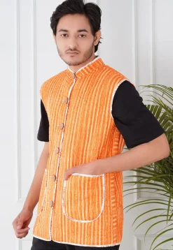 Block Printed Cotton Reversible Warm Jacket in Orange and White