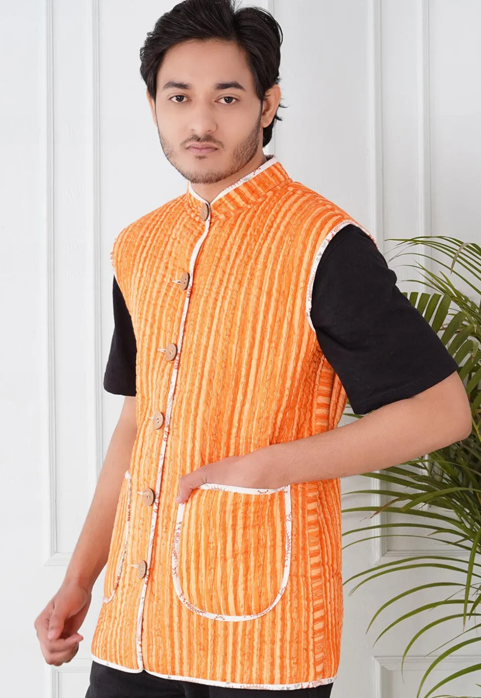 Block Printed Cotton Reversible Warm Jacket in Orange and White