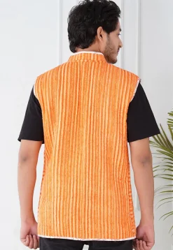 Block Printed Cotton Reversible Warm Jacket in Orange and White