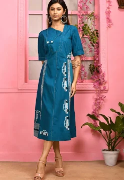 Block Printed Cotton Sheath Dress in Blue
