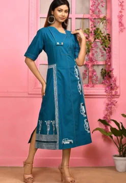 Block Printed Cotton Sheath Dress in Blue