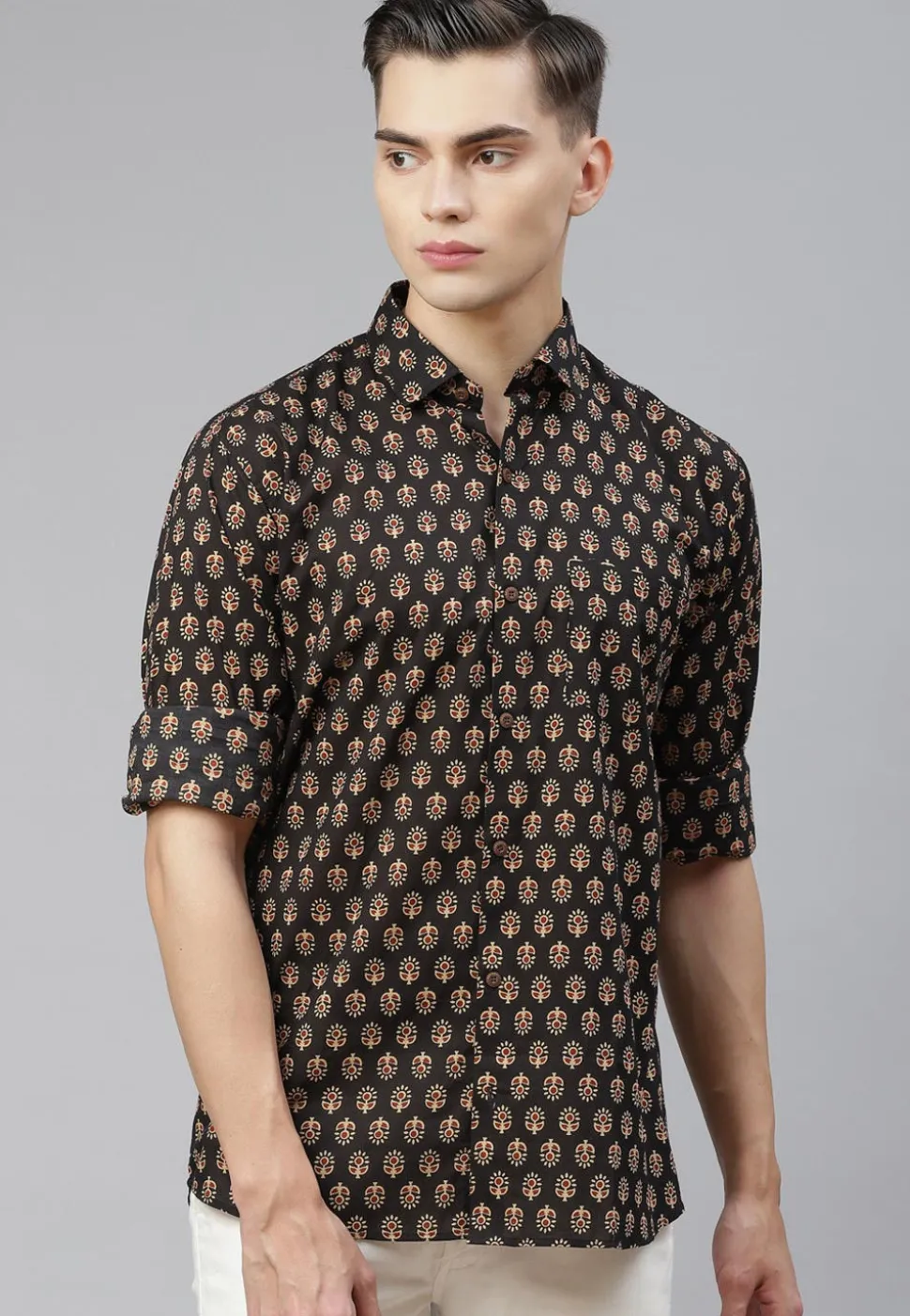 Block Printed Cotton Shirt in Black