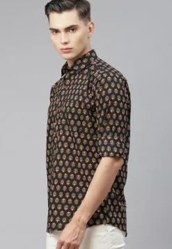 Block Printed Cotton Shirt in Black