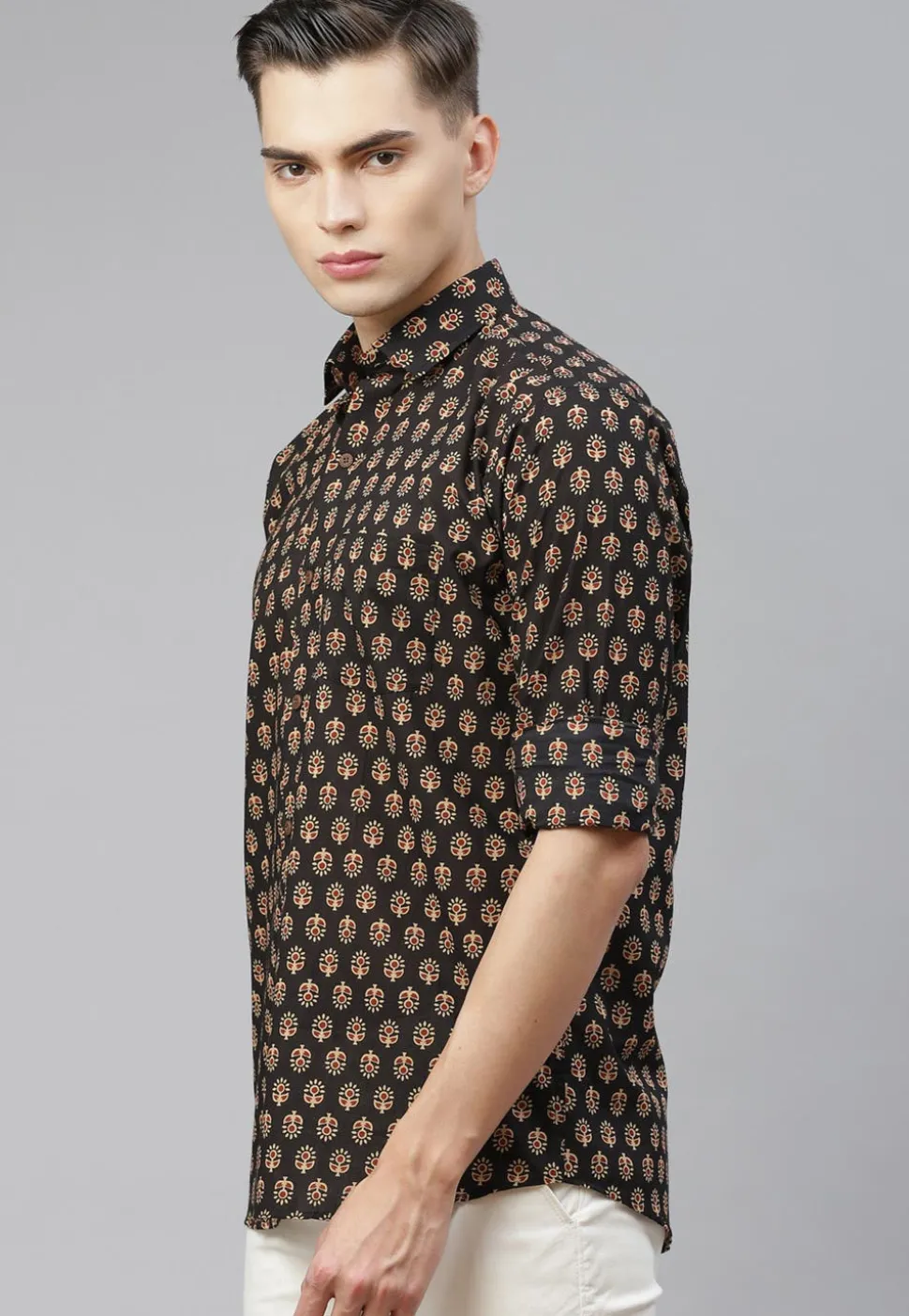 Block Printed Cotton Shirt in Black