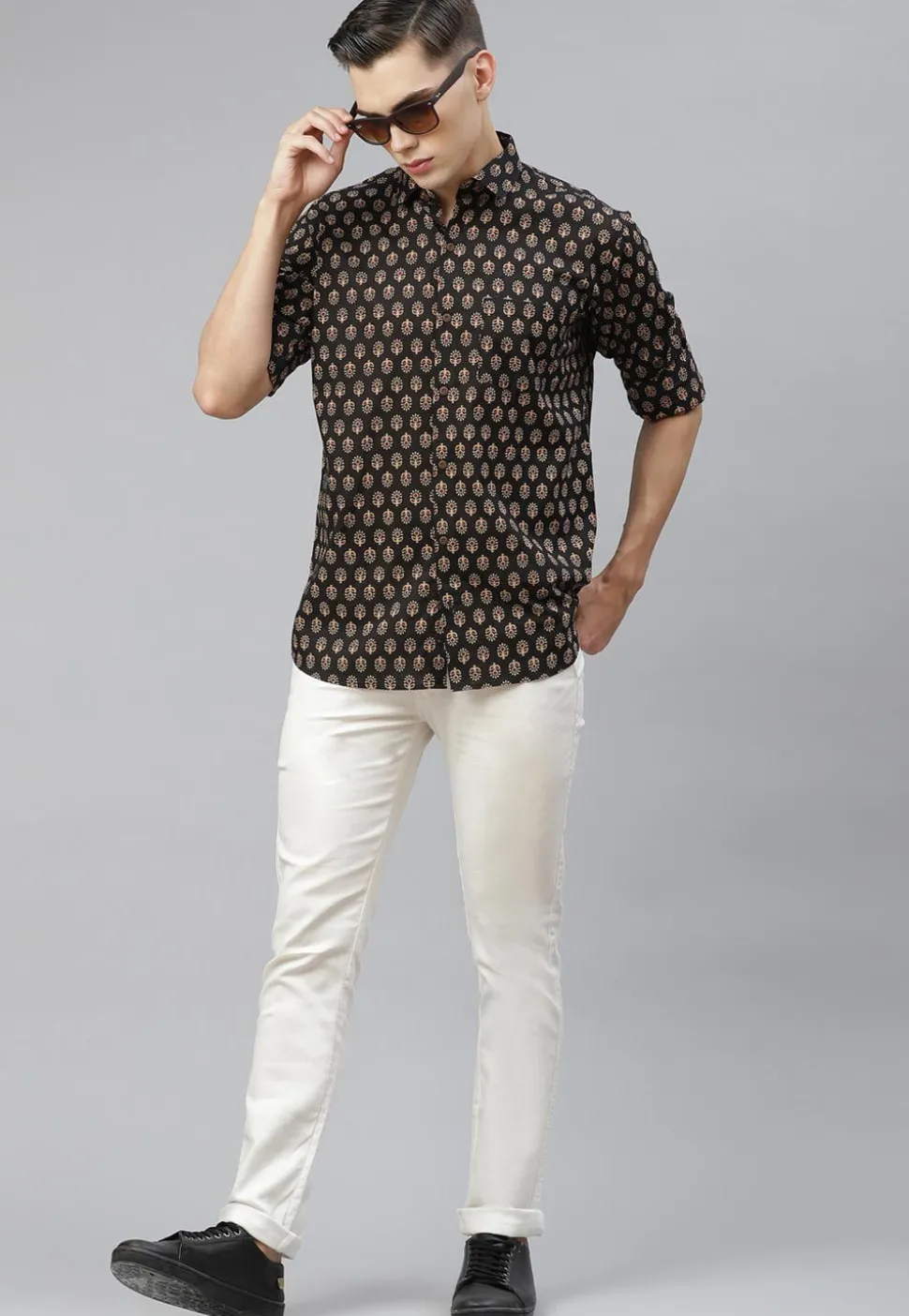 Block Printed Cotton Shirt in Black