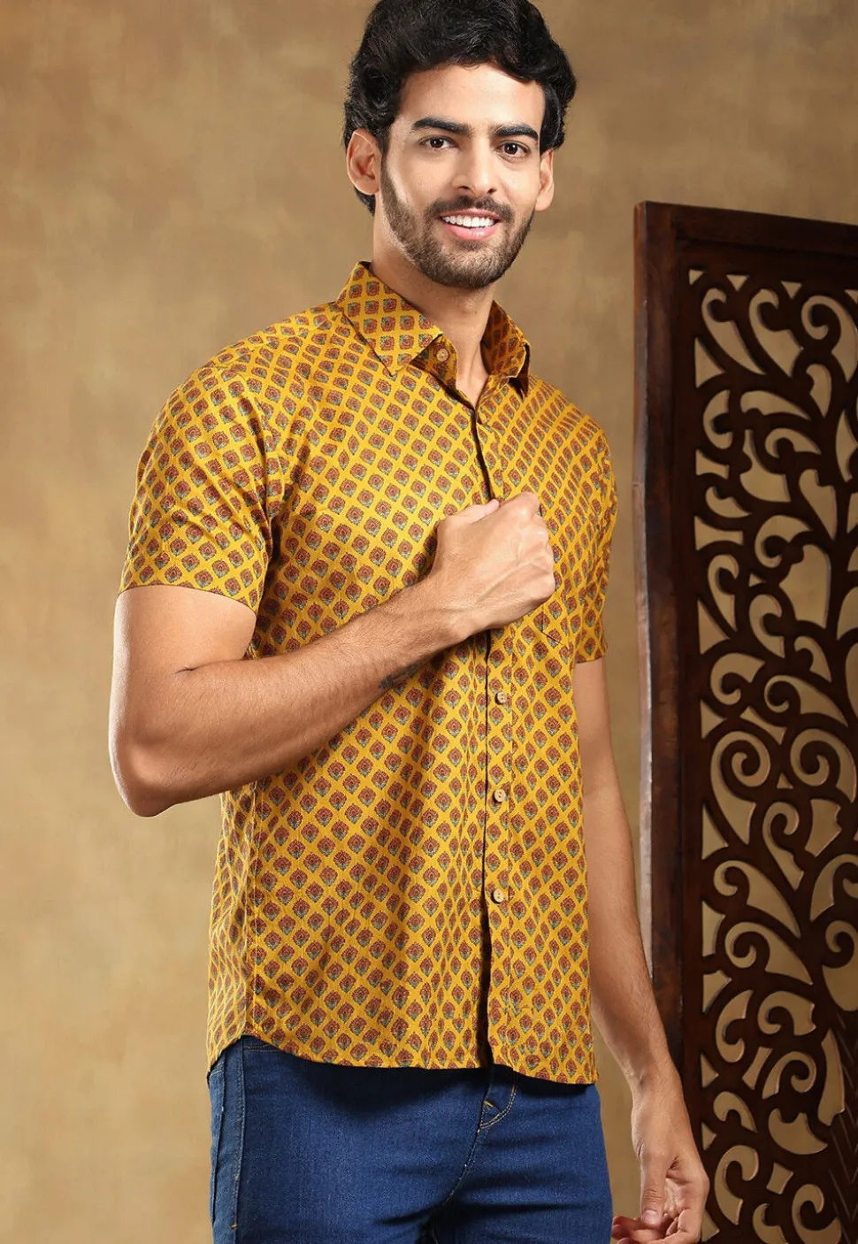 Block Printed Cotton Shirt in Mustard