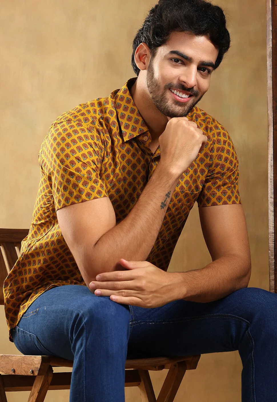 Block Printed Cotton Shirt in Mustard