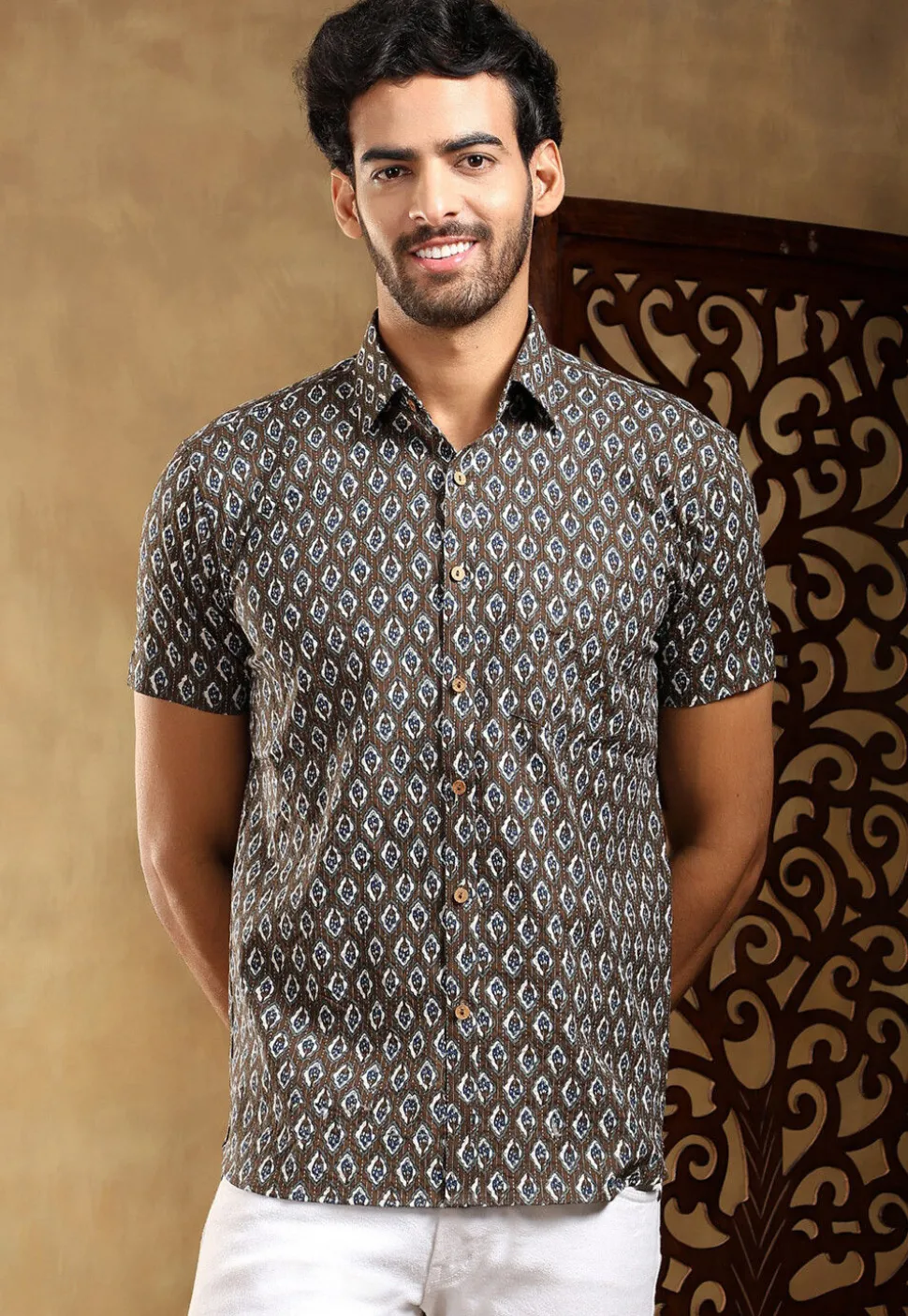 Block Printed Cotton Shirt in Brown