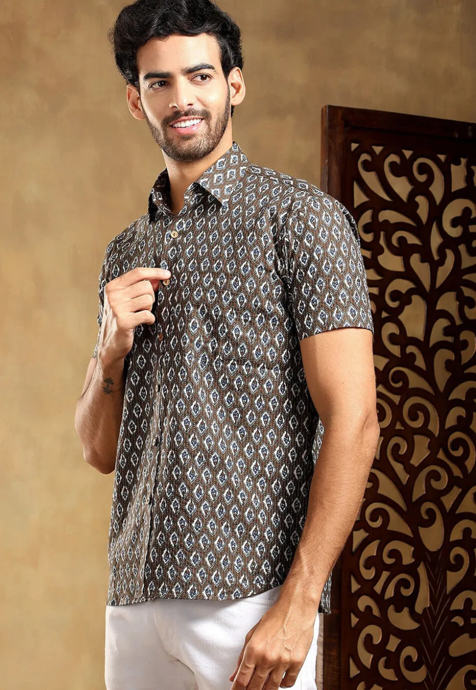 Block Printed Cotton Shirt in Brown