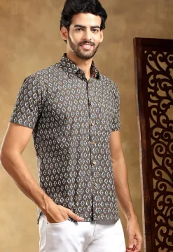 Block Printed Cotton Shirt in Brown