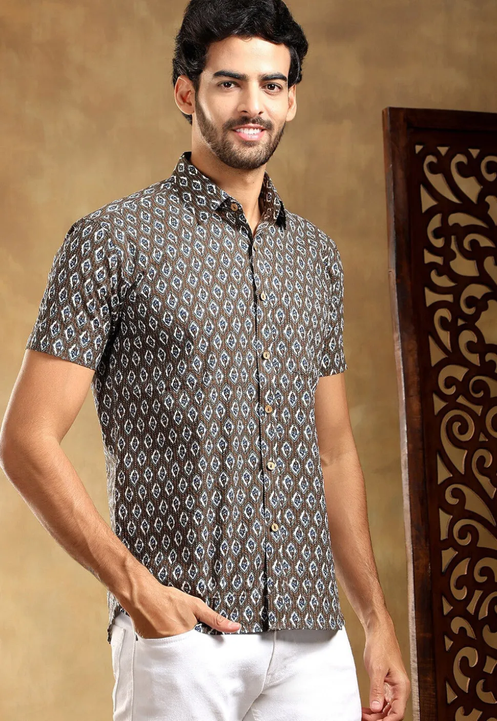 Block Printed Cotton Shirt in Brown