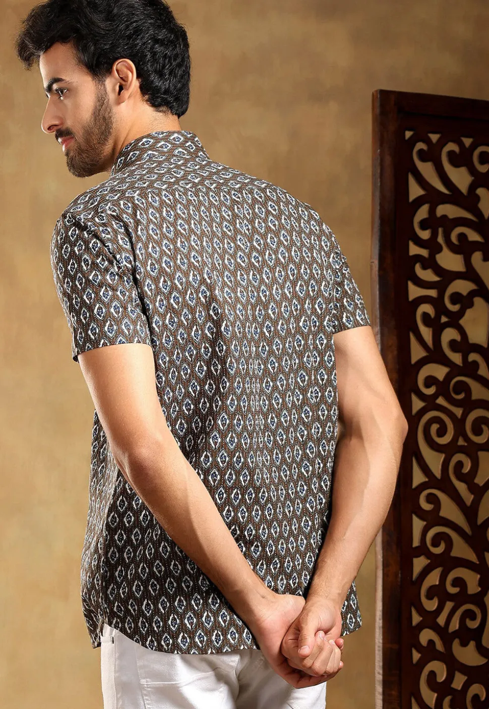Block Printed Cotton Shirt in Brown