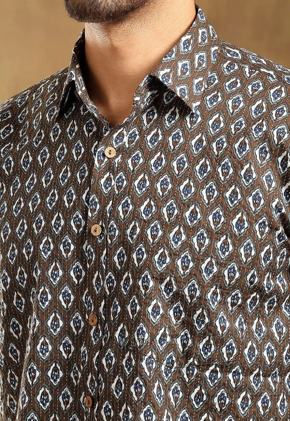 Block Printed Cotton Shirt in Brown