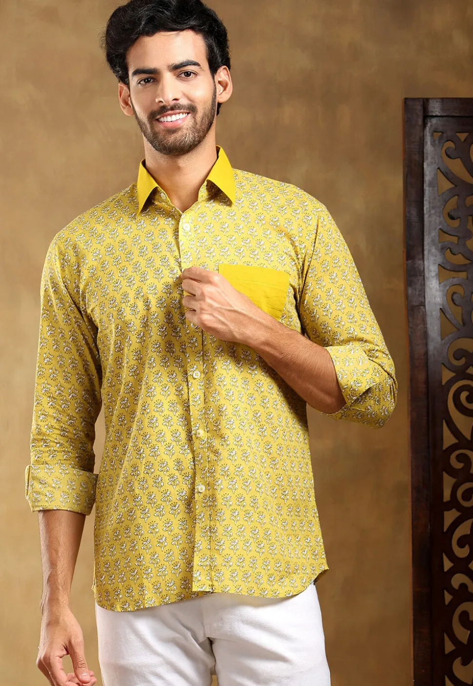 Block Printed Cotton Shirt in Yellow