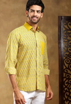 Block Printed Cotton Shirt in Yellow