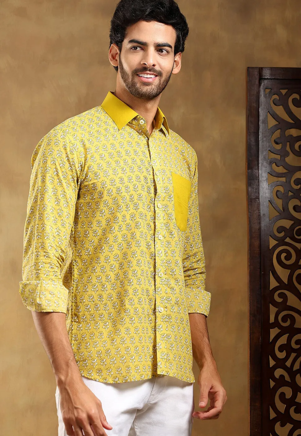 Block Printed Cotton Shirt in Yellow