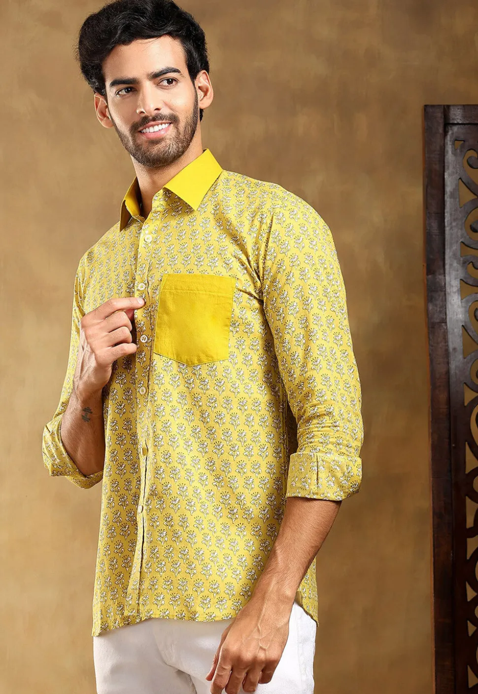 Block Printed Cotton Shirt in Yellow