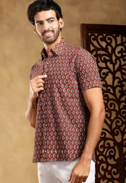 Block Printed Cotton Shirt in Maroon