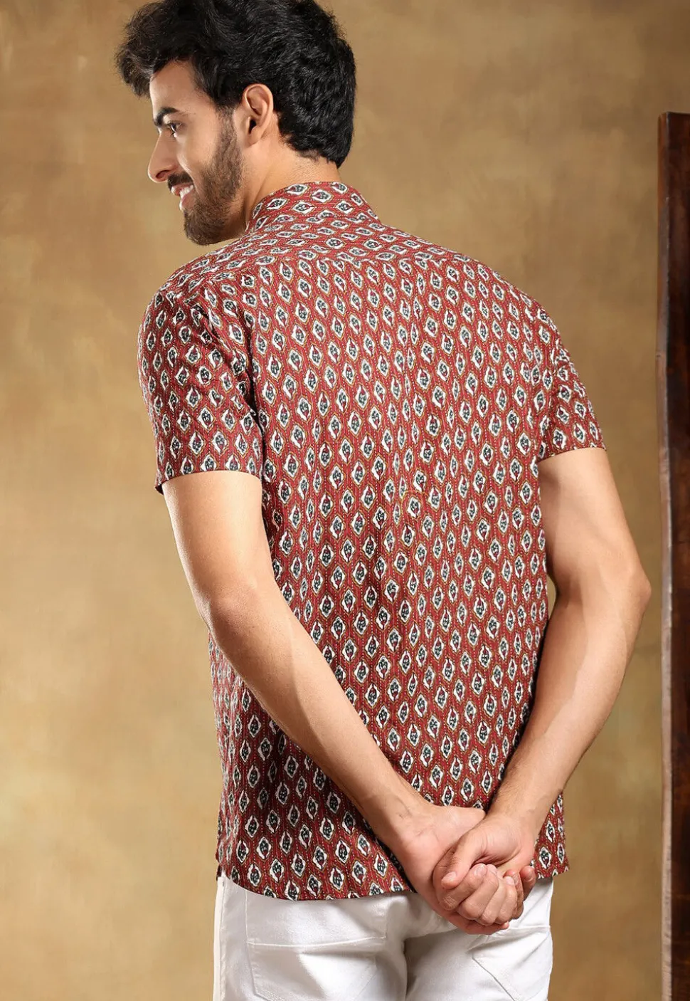 Block Printed Cotton Shirt in Maroon